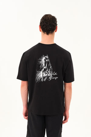 Wild Horse Grafik Baskılı Oversize Bisiklet Yaka T-shirt - Siyah