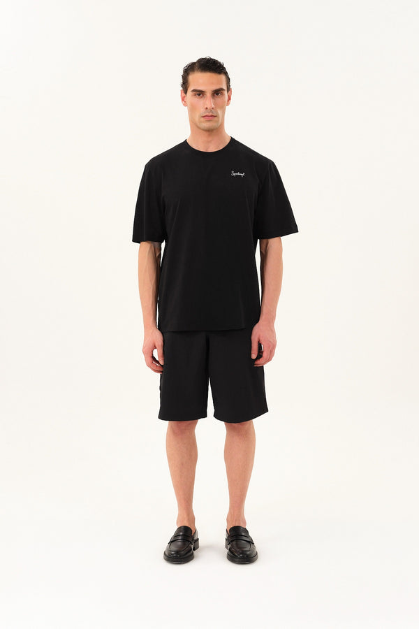 Wild Horse Grafik Baskılı Oversize Bisiklet Yaka T-shirt - Siyah