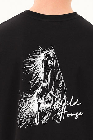 Wild Horse Grafik Baskılı Oversize Bisiklet Yaka T-shirt - Siyah