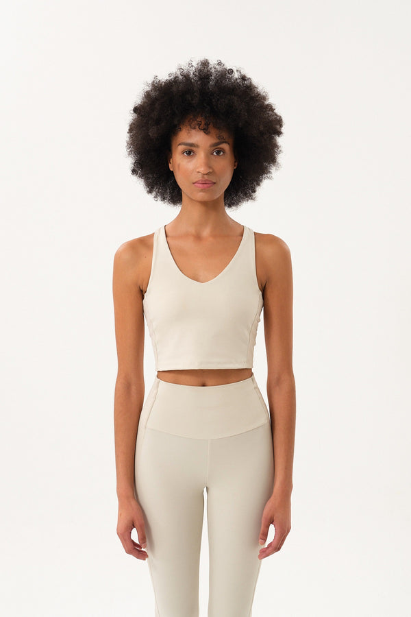 Yanı Panelli V Yaka Tam Destekli Kadın Tank Top - Bej