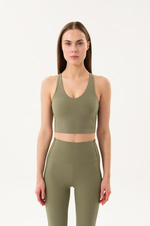 Yanı Panelli V Yaka Tam Destekli Kadın Tank Top - Haki