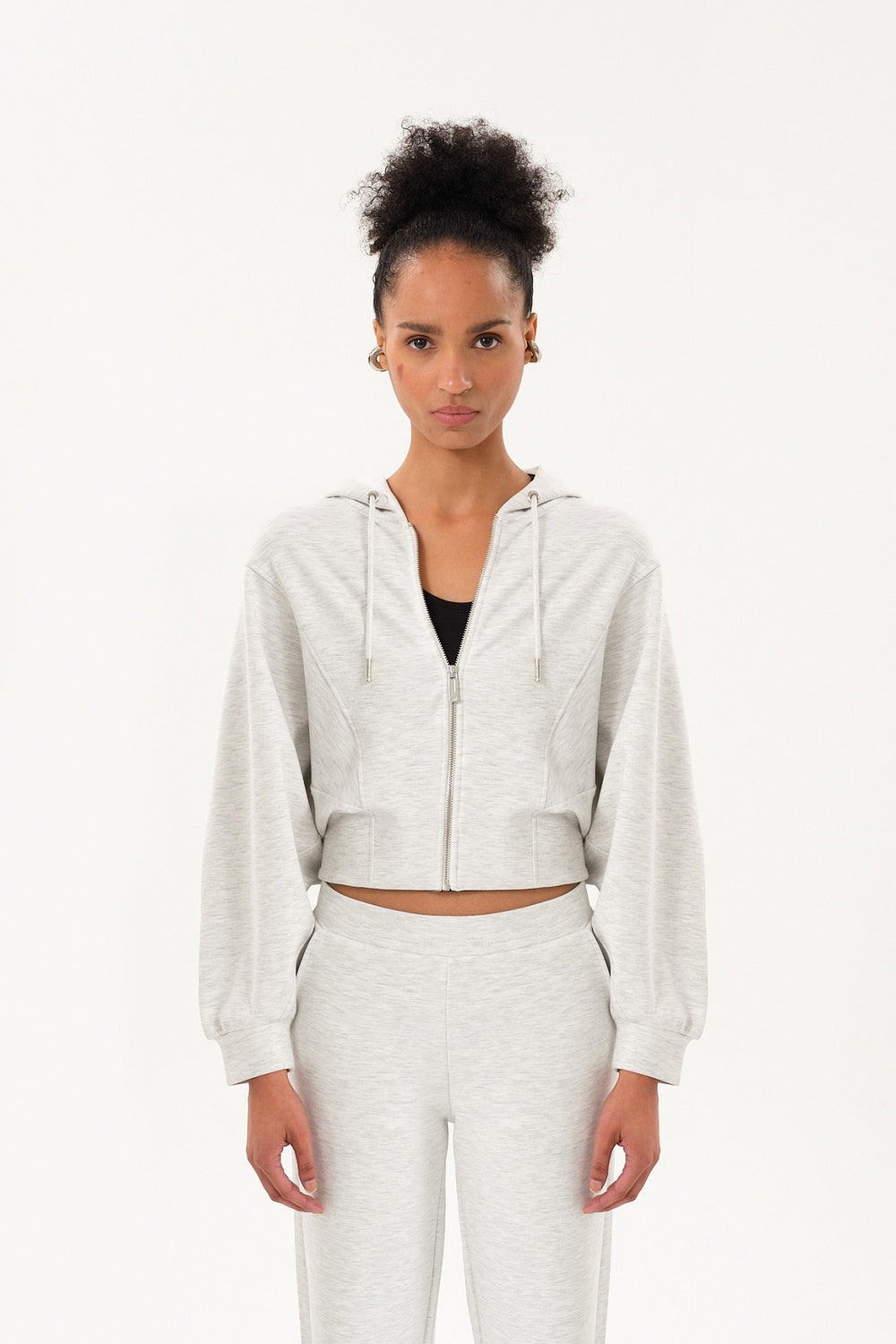 Yarasa Kollu Oversize Fermuarlı Kadın Crop Hoodie - Gri Melanj