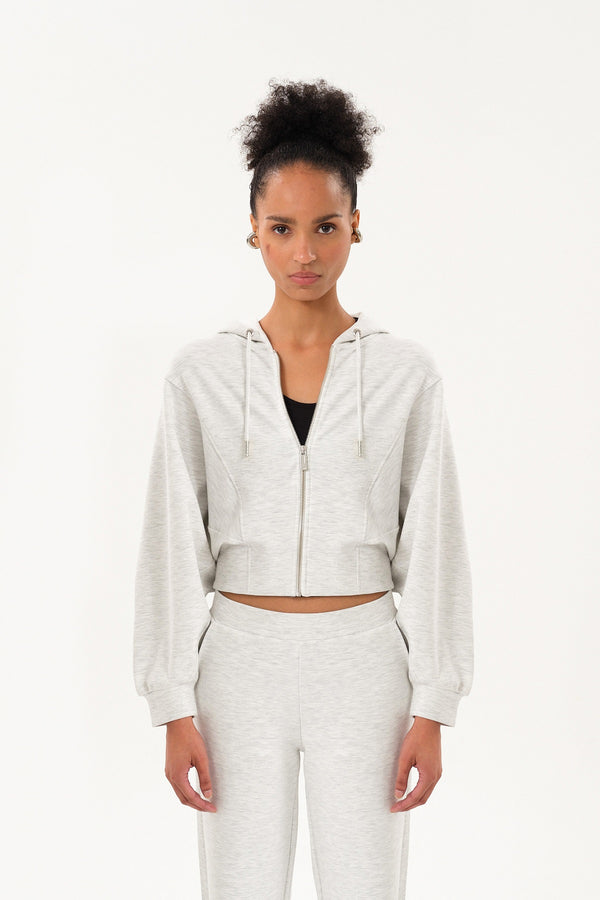 Yarasa Kollu Oversize Fermuarlı Kadın Crop Hoodie - Gri Melanj