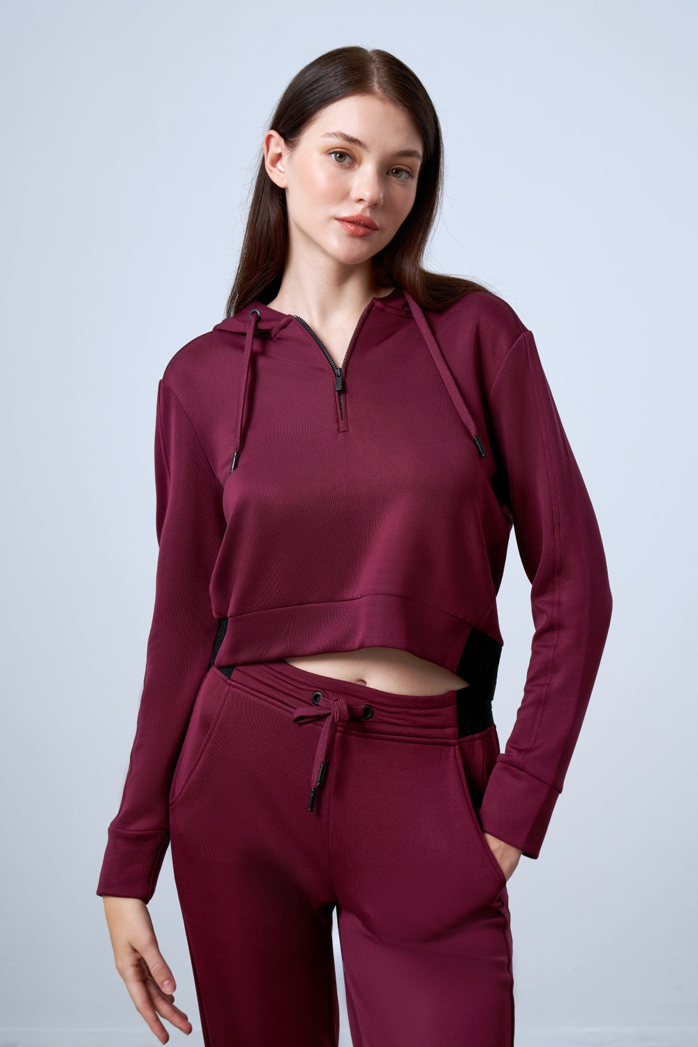 Yarım Fermuarlı Jakarlı Bel Detaylı Kapüşonlu Kadın Sweatshirt - Bordo