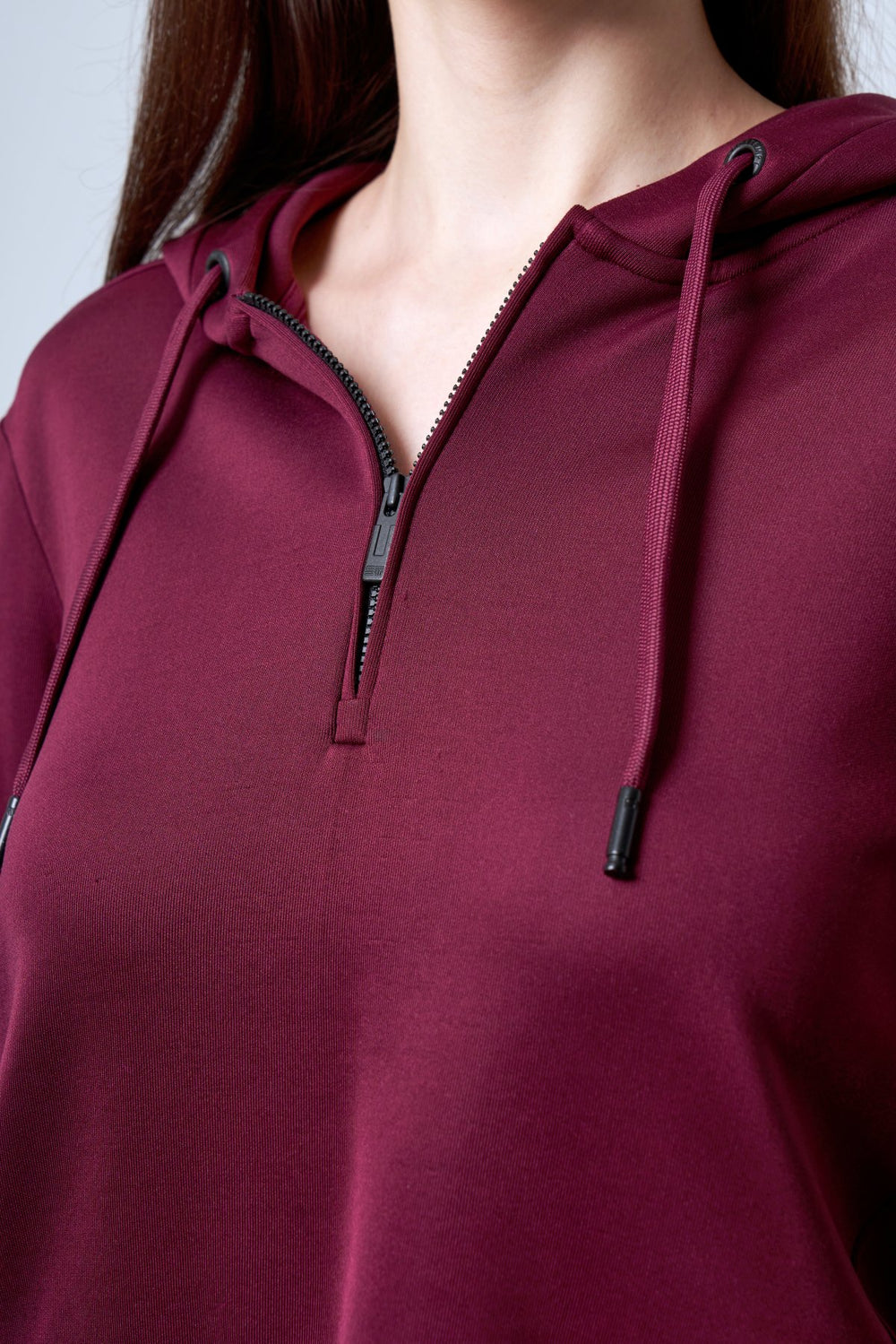 Yarım Fermuarlı Jakarlı Bel Detaylı Kapüşonlu Kadın Sweatshirt - Bordo