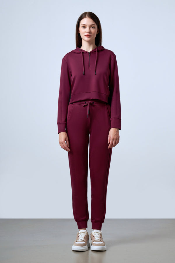Yarım Fermuarlı Jakarlı Bel Detaylı Kapüşonlu Kadın Sweatshirt - Bordo