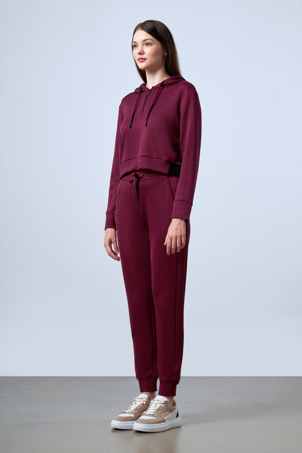 Yarım Fermuarlı Jakarlı Bel Detaylı Kapüşonlu Kadın Sweatshirt - Bordo