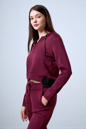 Yarım Fermuarlı Jakarlı Bel Detaylı Kapüşonlu Kadın Sweatshirt - Bordo