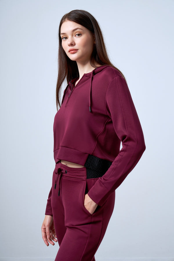 Yarım Fermuarlı Jakarlı Bel Detaylı Kapüşonlu Kadın Sweatshirt - Bordo