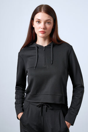 Yarım Fermuarlı Jakarlı Bel Detaylı Kapüşonlu Kadın Sweatshirt - Siyah