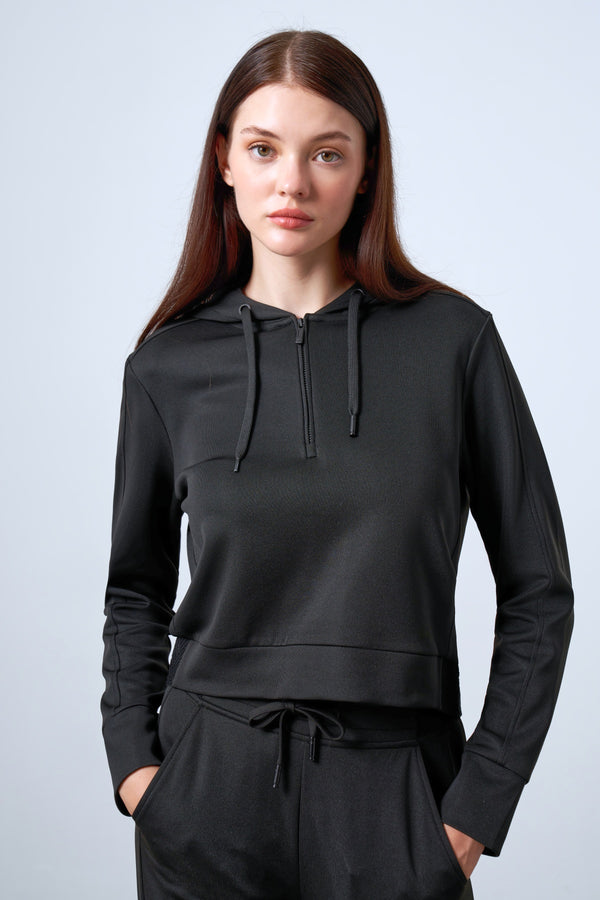 Yarım Fermuarlı Jakarlı Bel Detaylı Kapüşonlu Kadın Sweatshirt - Siyah