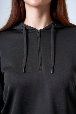 Yarım Fermuarlı Jakarlı Bel Detaylı Kapüşonlu Kadın Sweatshirt - Siyah
