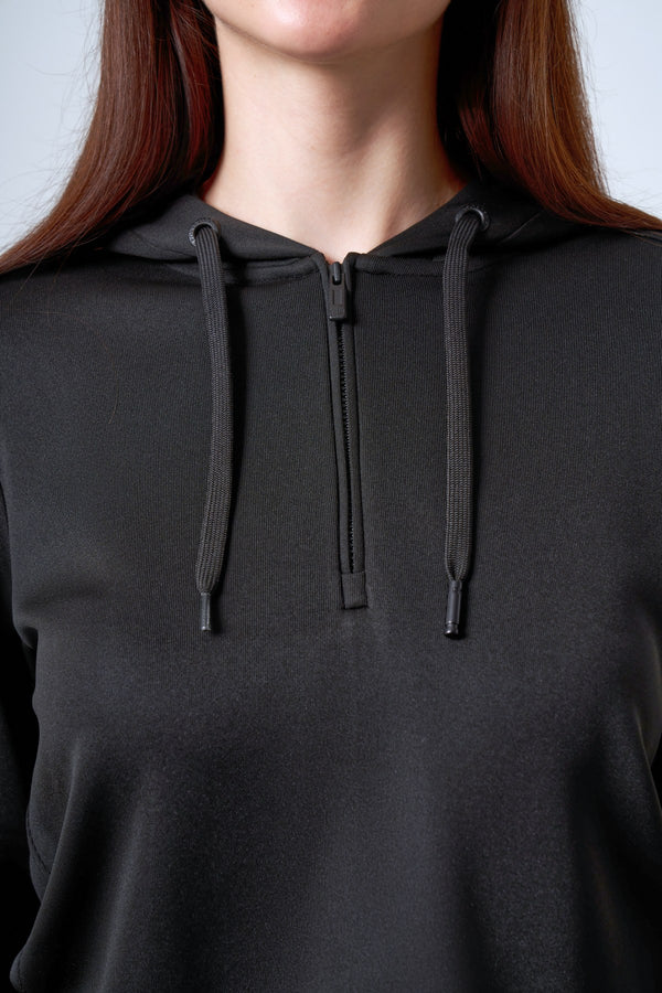 Yarım Fermuarlı Jakarlı Bel Detaylı Kapüşonlu Kadın Sweatshirt - Siyah