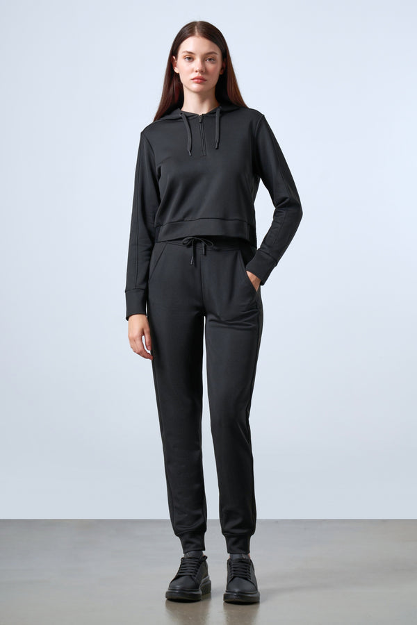 Yarım Fermuarlı Jakarlı Bel Detaylı Kapüşonlu Kadın Sweatshirt - Siyah