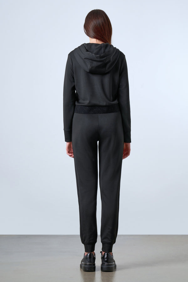 Yarım Fermuarlı Jakarlı Bel Detaylı Kapüşonlu Kadın Sweatshirt - Siyah