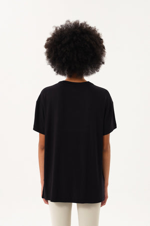 Yırtmaç Detaylı Oversize Kadın Bisiklet Yaka T-Shirt - Siyah